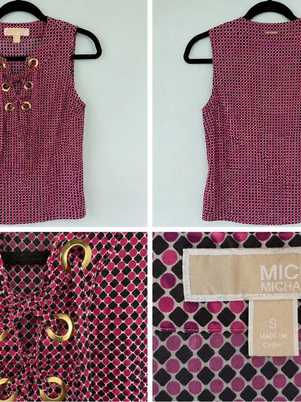 Michael Kors Pink and Black Sleeveless Lace-Up Geometric Top